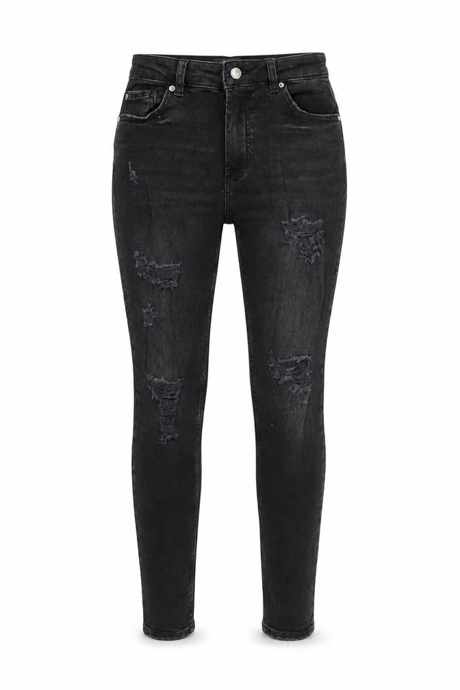 Front view of Denim & Co. women’s black denim skinny jeans, size UK 10, 27-inch leg