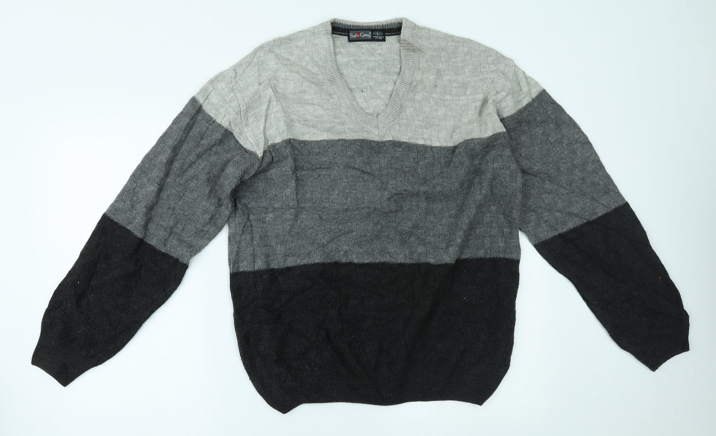 SOFT GREY Mens Grey Striped  Pullover Jumper Size L