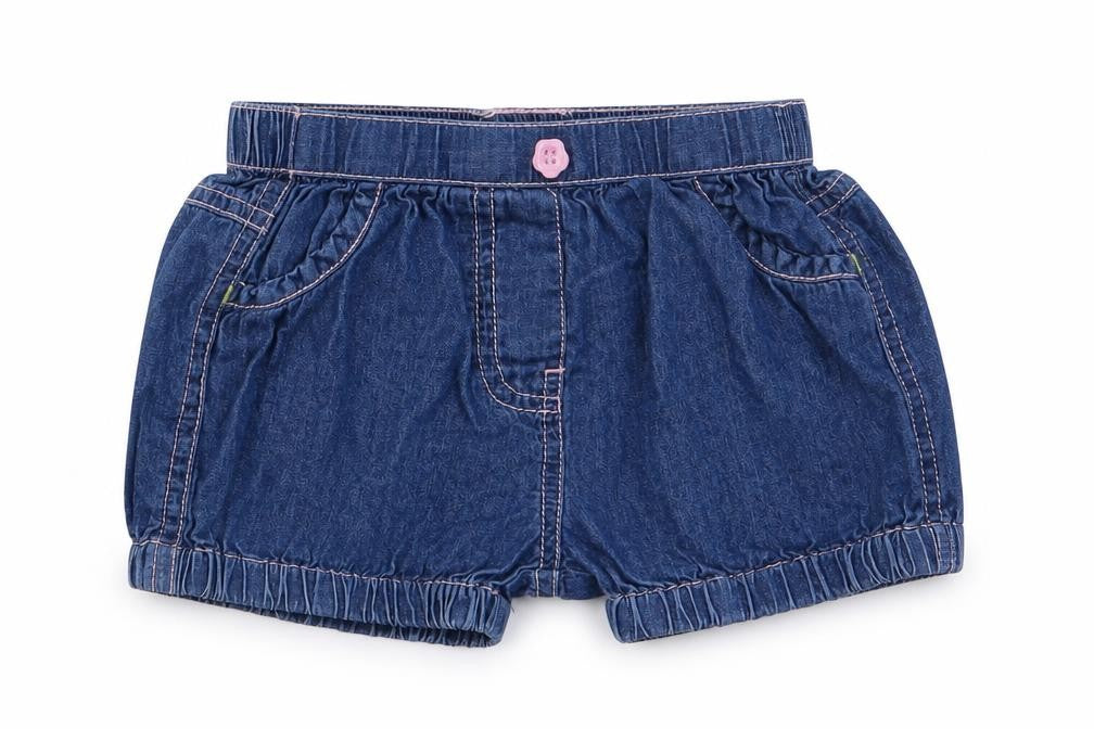Front view of Nutmeg girls’ blue capri trousers, size 6-9, months - shorts