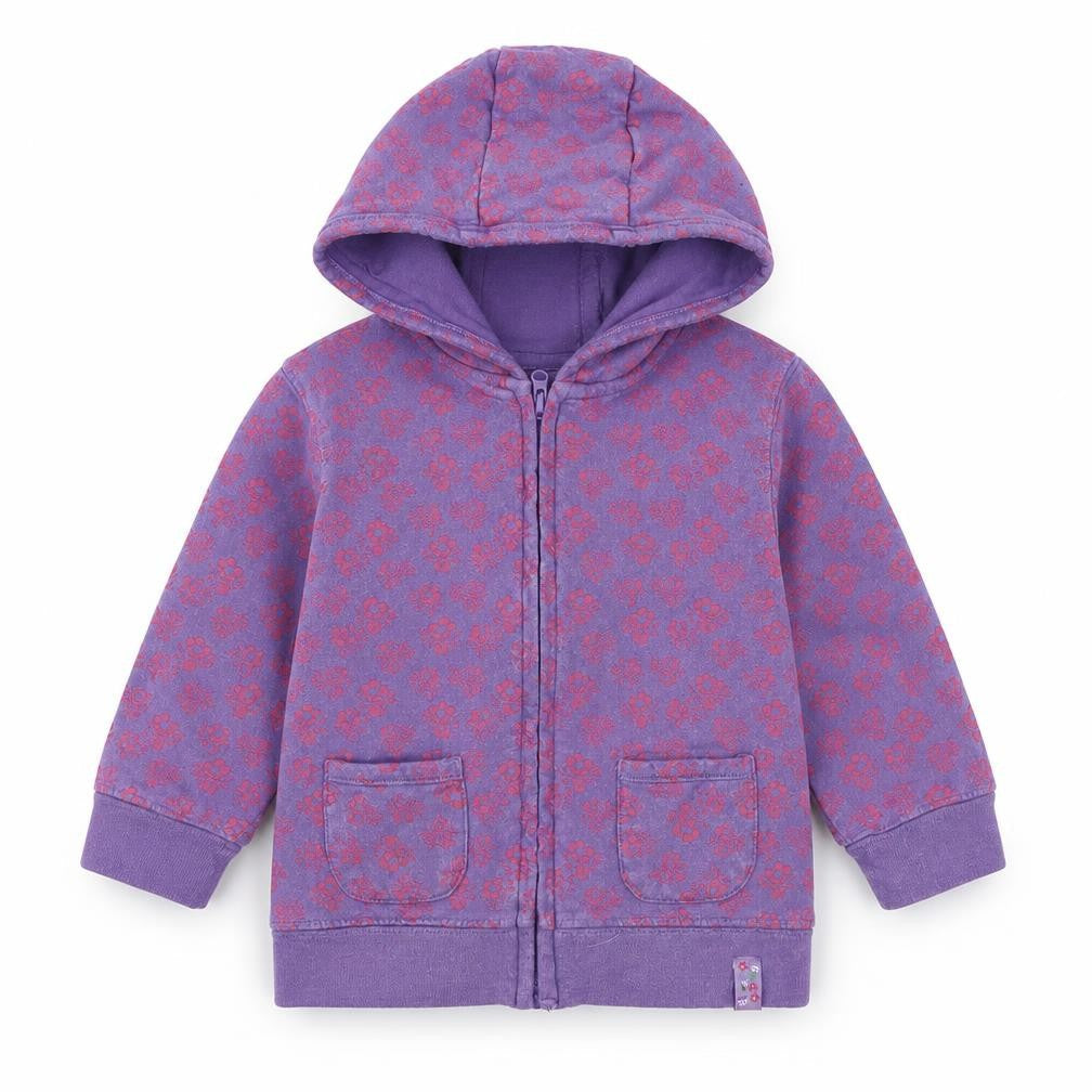 Front view of STACCATO girls’ purple floral jersey jacket, size 12, months