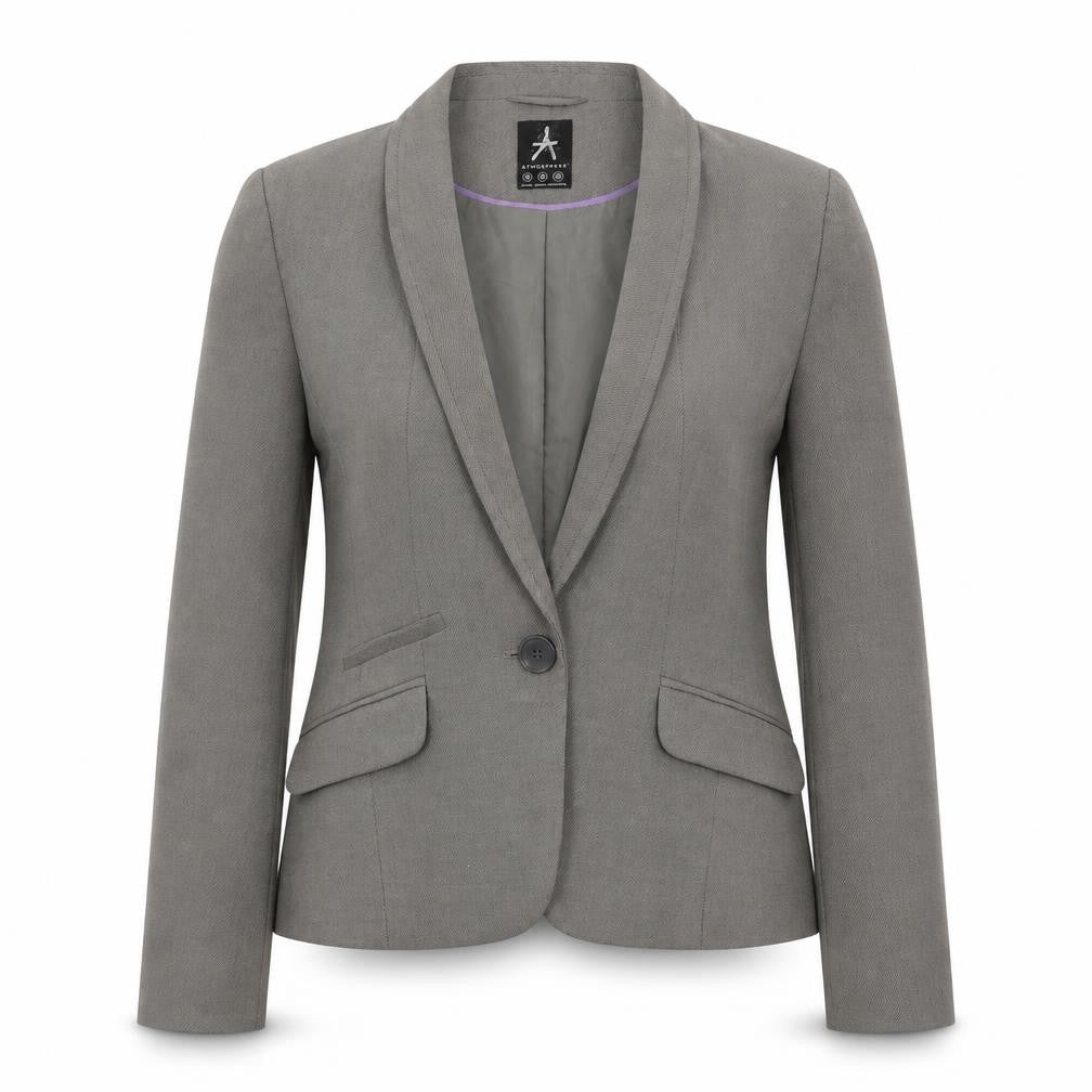 Front view of Atmosphere women’s grey jacket suit, size UK 14