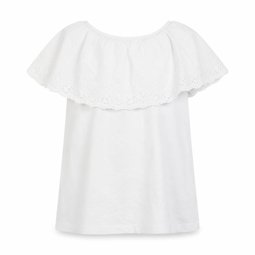 Front view of Little Dickins and Jones girls’ white floral basic t-shirt, size 7-8, years