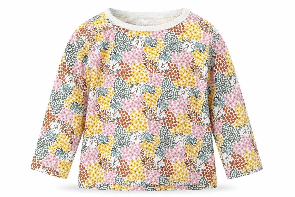 Front view of Matalan girls’ pink floral basic t-shirt, size 12-18, months - unicorn