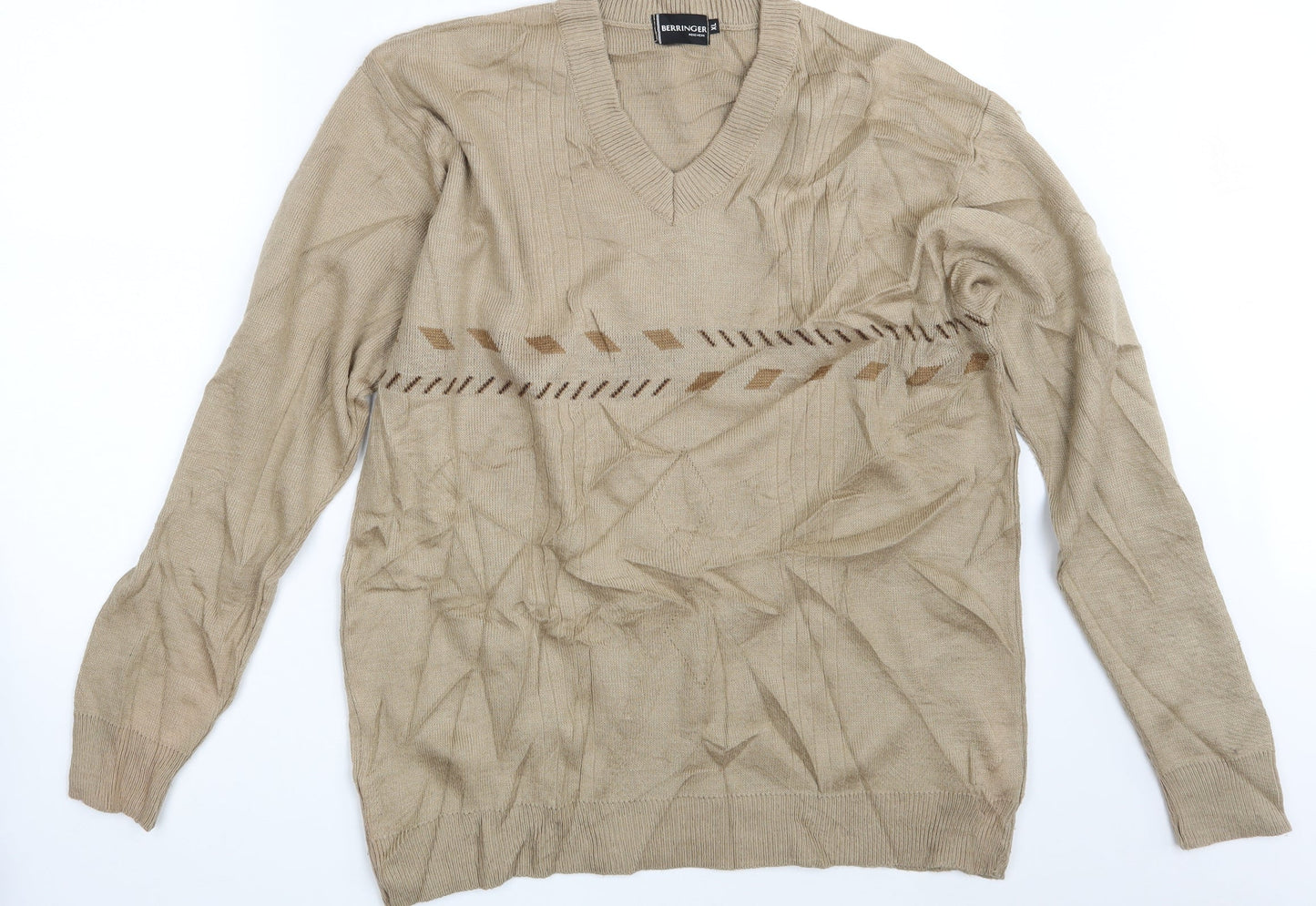 Berringer Mens Beige Geometric  Pullover Jumper Size XL