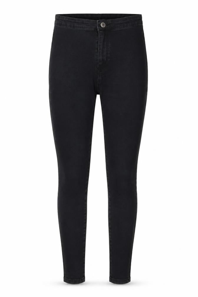 Front view of Denim & Co. women’s black denim skinny jeans, size UK 8, 28-inch leg