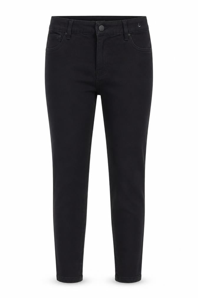 Front view of Denim & Co. women’s black denim skinny jeans, size UK 14, 27-inch leg
