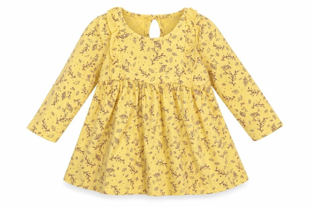 Front view of SO CUTE girls’ yellow animal print fit & flare, size 9-12, months