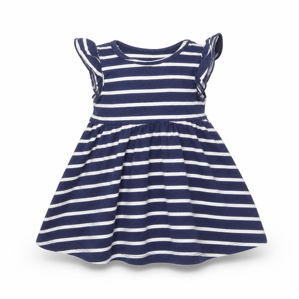 Front view of Marks & Spencer girls’ blue striped fit & flare, size 0-3, months
