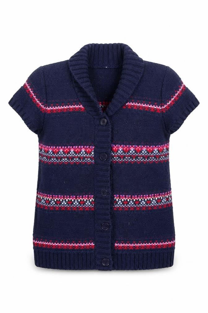 Front view of Matalan girls’ purple fair isle cardigan jumper, size 18-24, months
