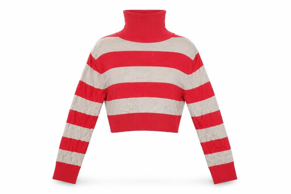 Front view of Miss Selfridge women’s red striped jumper, size UK 10