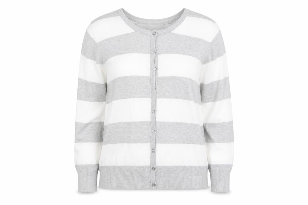 Front view of Atmosphere women’s white striped cardigan jumper, size UK 14