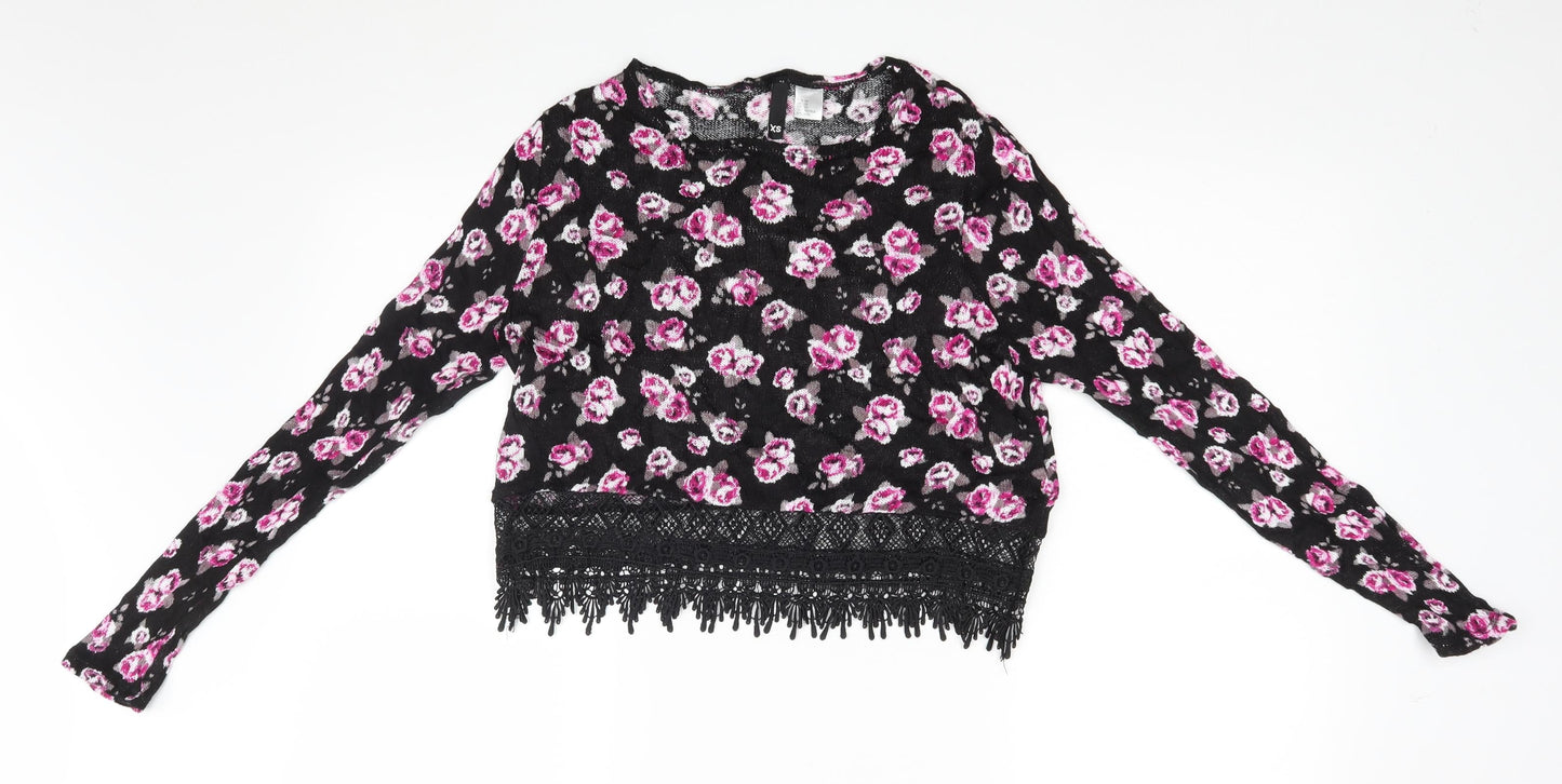 Divided Womens Black Floral  Pullover Jumper Size XS