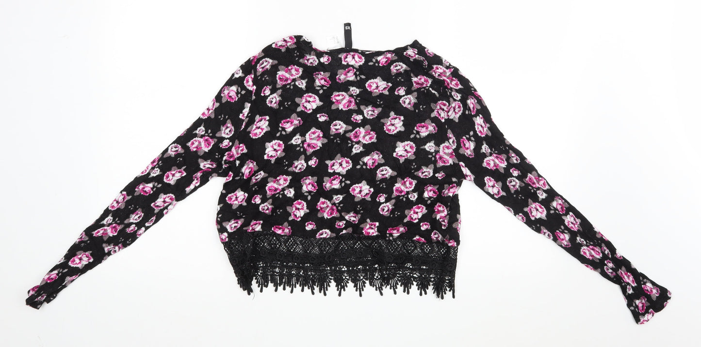 Divided Womens Black Floral  Pullover Jumper Size XS