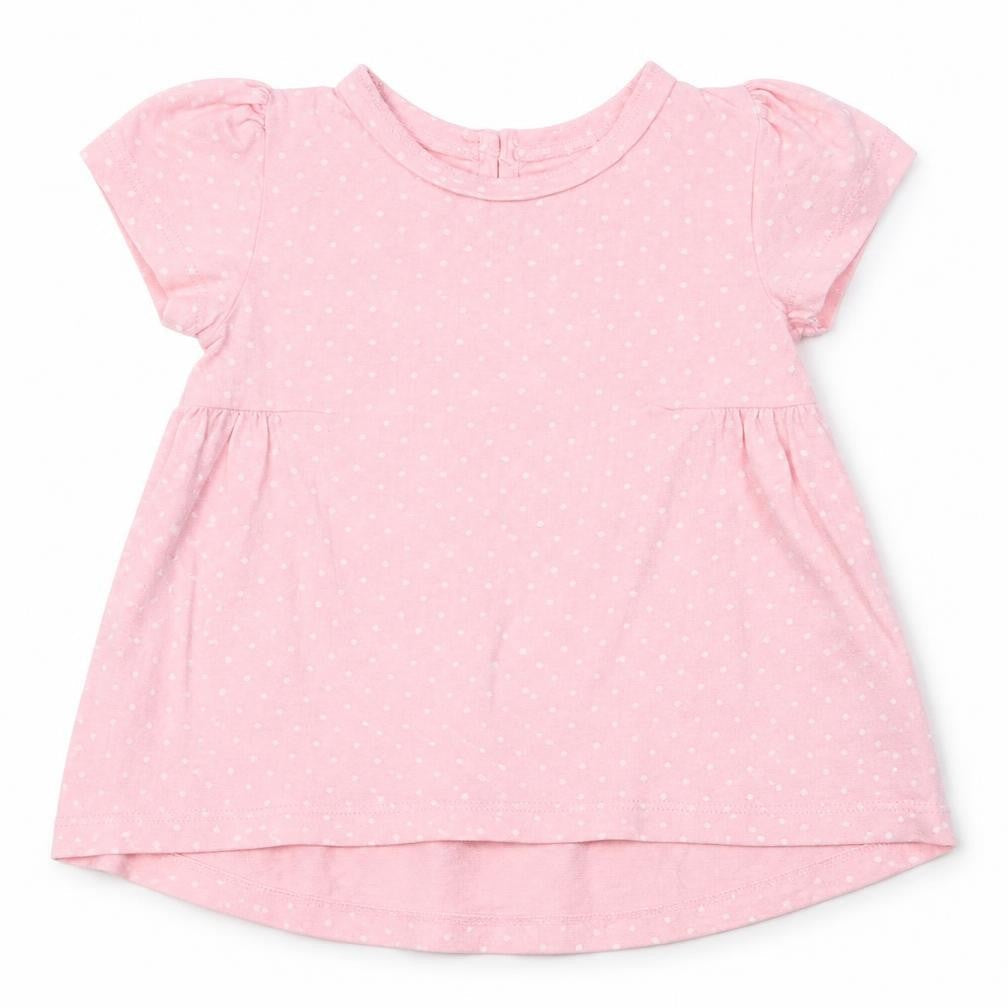 Front view of Mothercare girls’ pink polka dot basic t-shirt, size 3-6, months