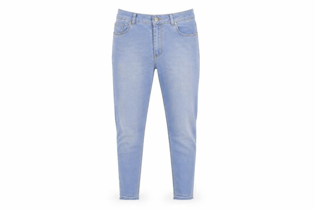 Front view of Savioa women’s blue denim skinny jeans, size UK 12, 28-inch leg