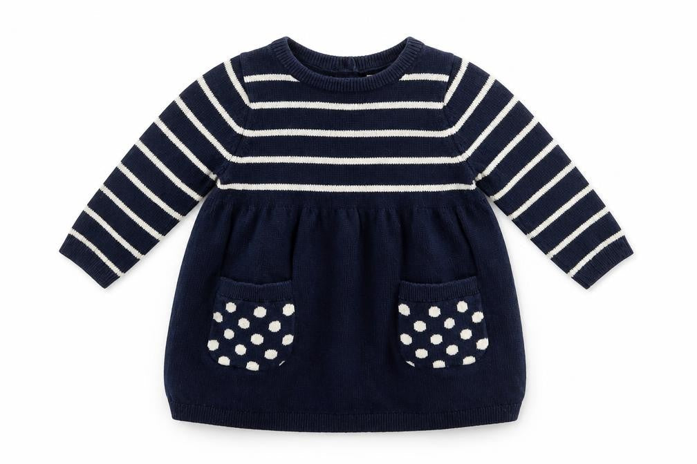 Front view of Gap girls’ blue striped jumper dress, size 3-6, months