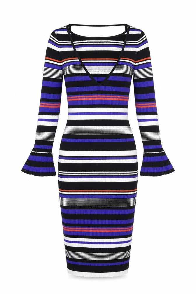 Front view of Miss Selfridge women’s blue striped a-line, size UK 10