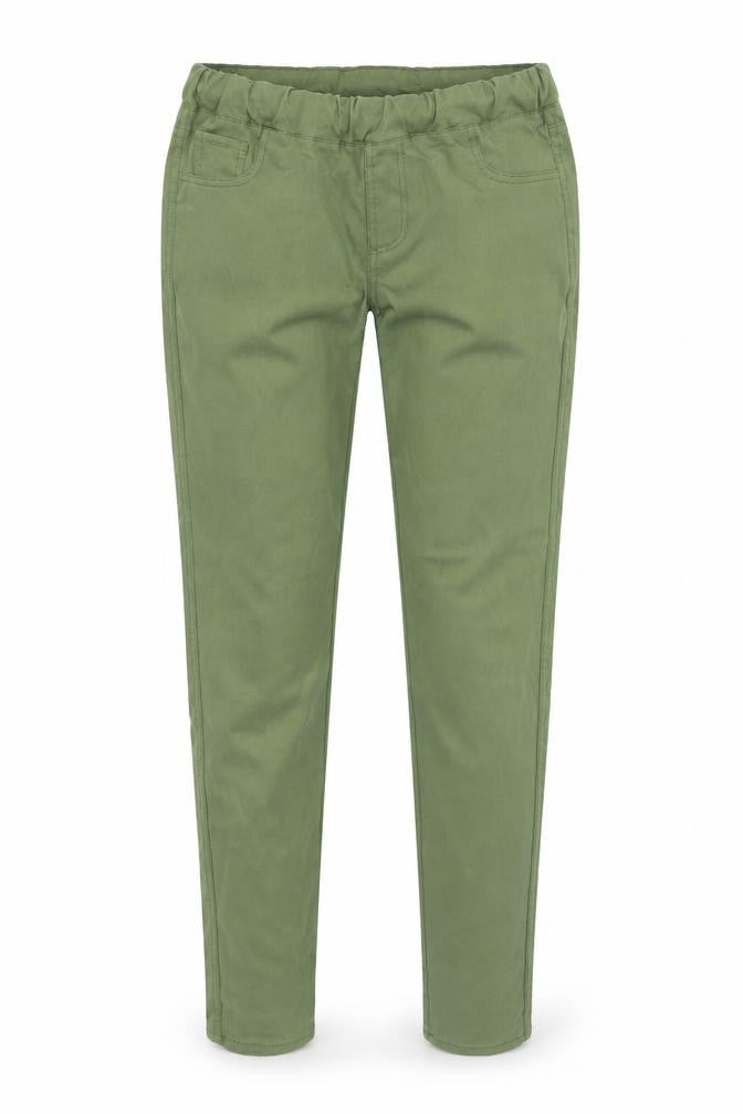 Front view of tru women’s green denim skinny jeans, size UK 10, 30-inch leg