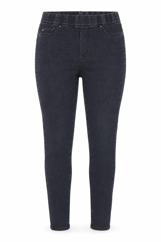 Front view of Denim & Co. women’s black denim skinny jeans, size UK 12, 29-inch leg
