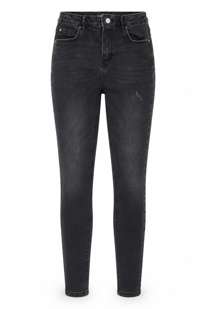 Front view of Denim & Co. women’s black denim skinny jeans, size UK 12, 28-inch leg