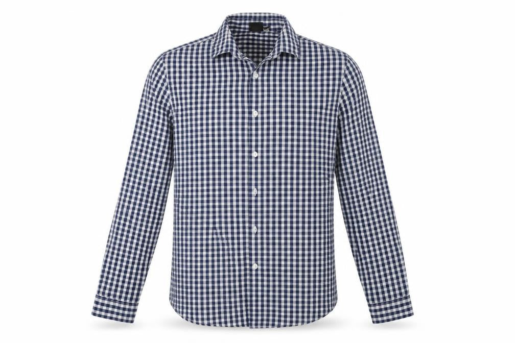 Front view of ASOS men’s blue check button-up, size L