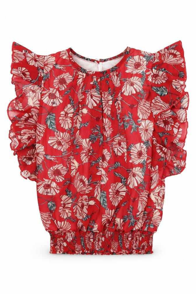 Qt girl Girls Red Floral  Basic Blouse One Size