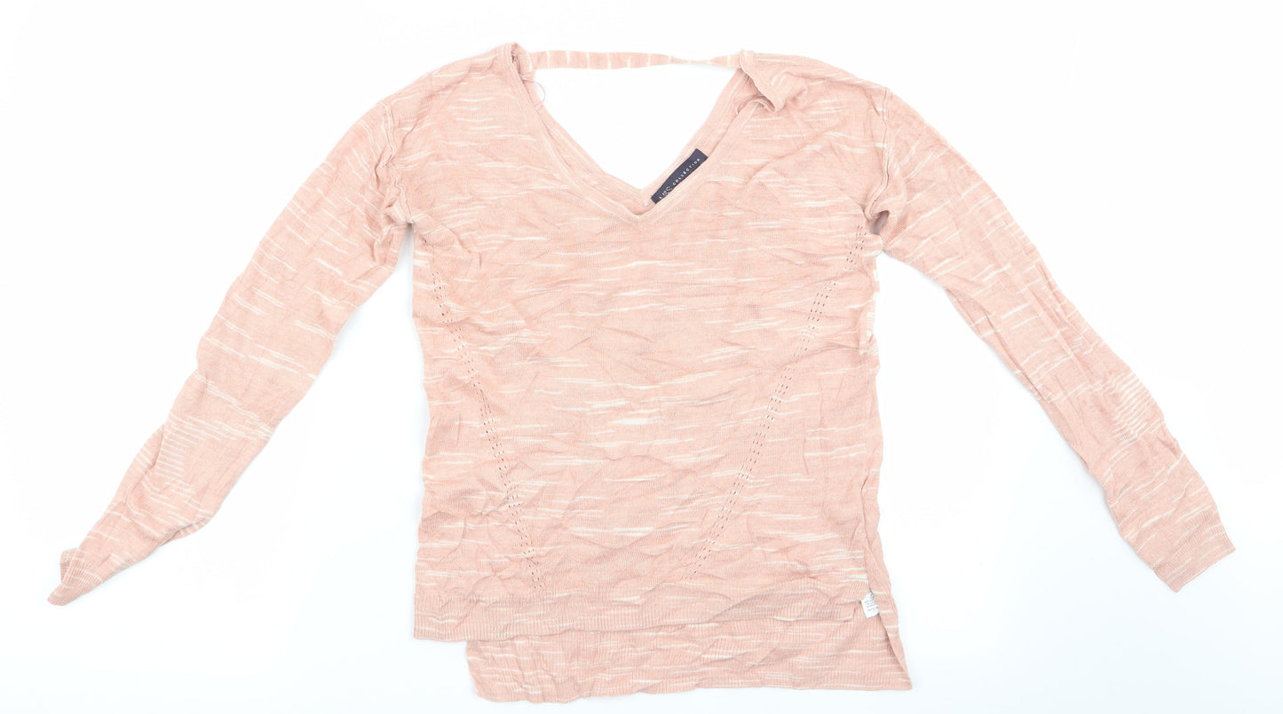 Marks and Spencer Womens Pink Striped  Pullover Jumper Size S  - Vee Back with strap - Peach in colour