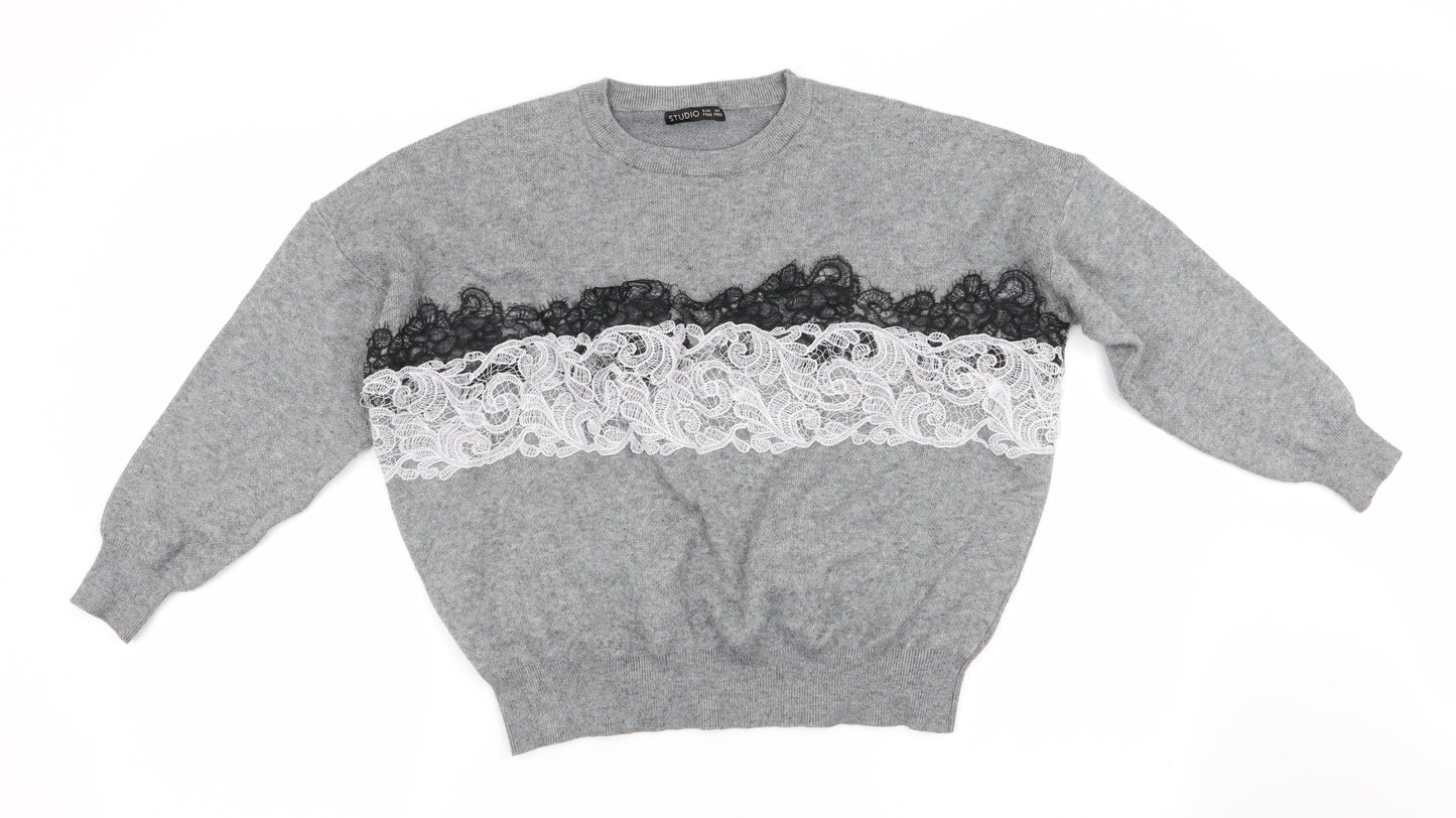 Studio Womens Grey   Pullover Jumper   - Lace Detail
