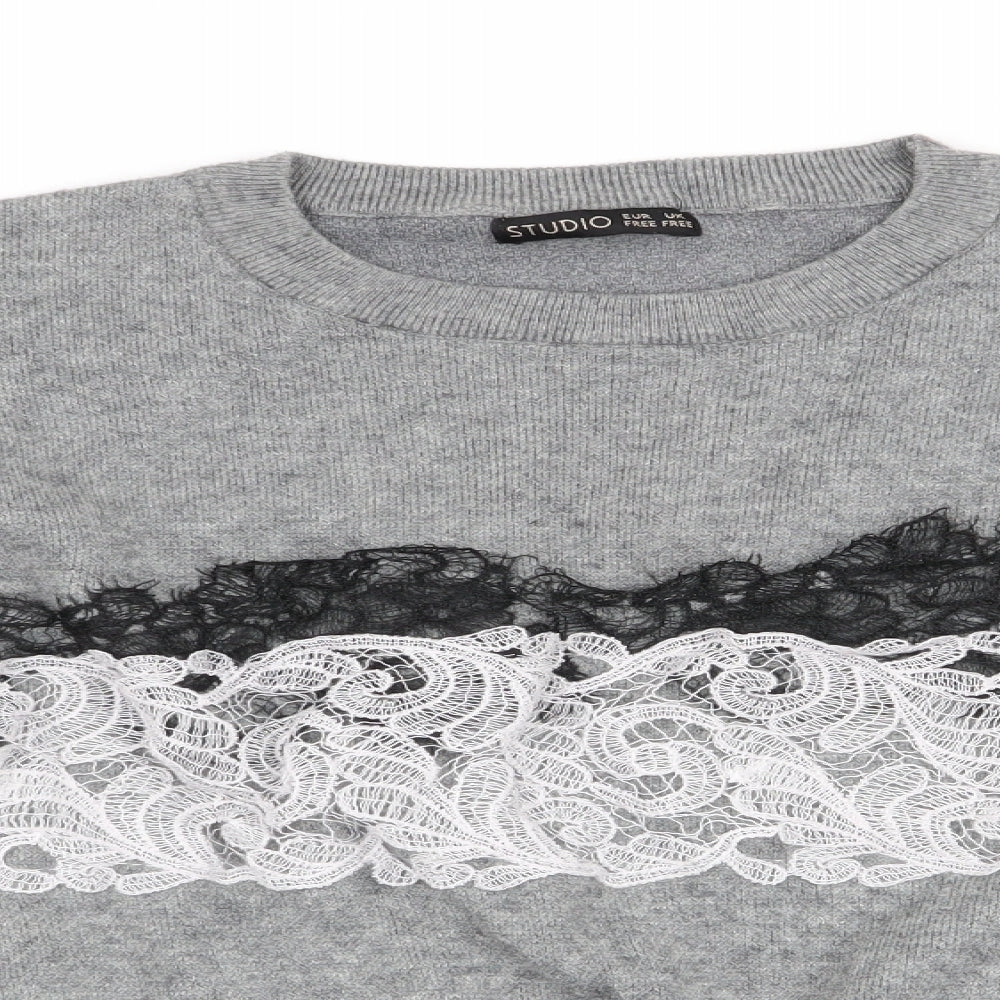 Studio Womens Grey   Pullover Jumper   - Lace Detail