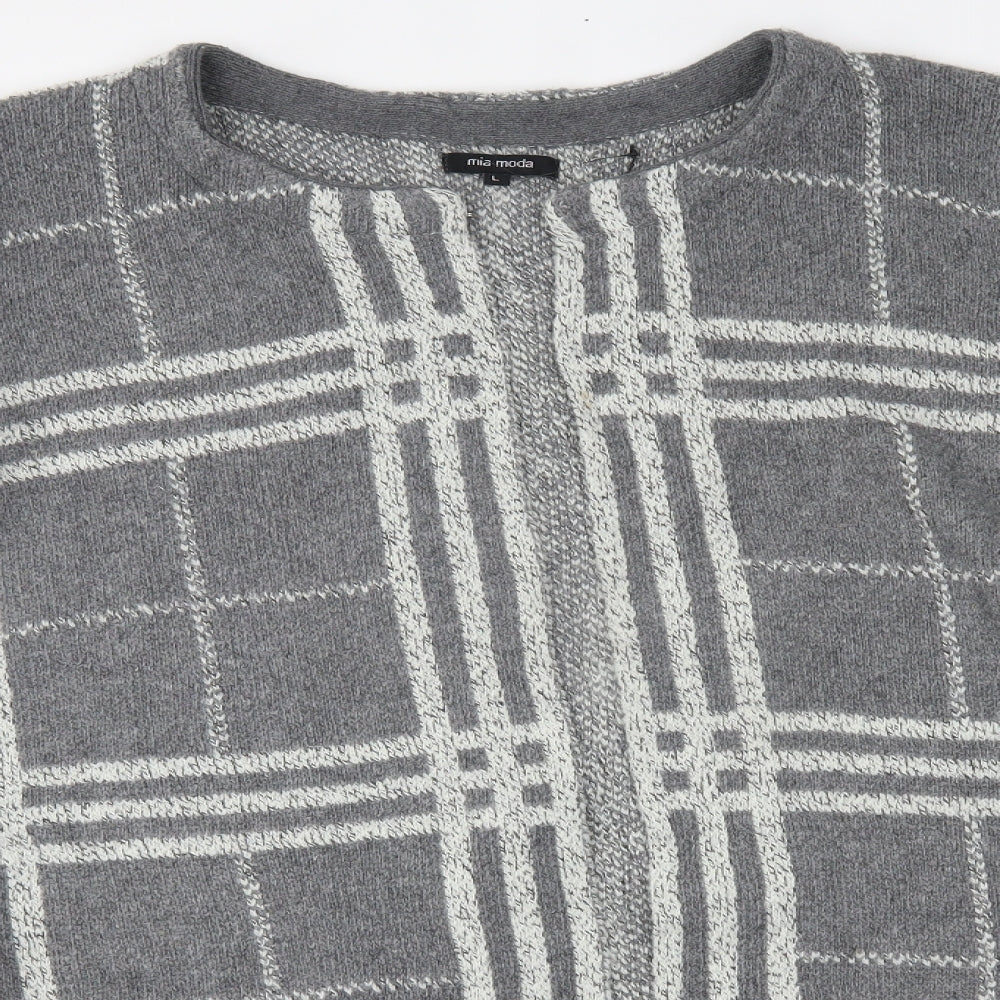 Mia Moda Womens Grey Plaid  Cardigan Jumper Size L