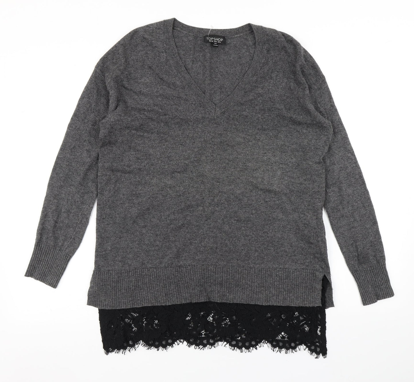 Topshop Womens Grey  Knit Pullover Jumper Size 8  - lace hem