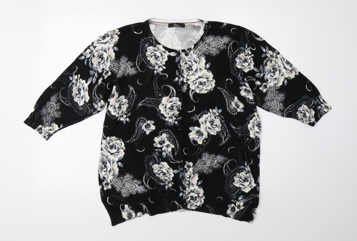 BM Womens Black Floral Knit Cardigan Jumper Size L