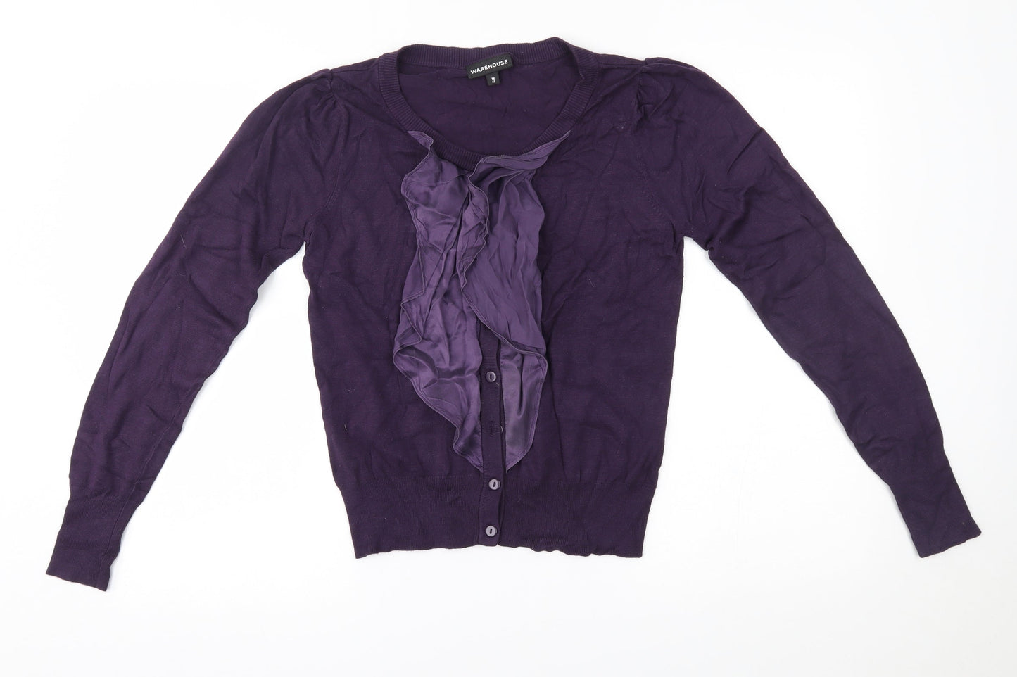Warehouse Womens Purple   Cardigan Jumper Size 14  - silk ruffle trim
