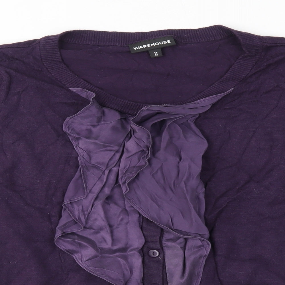 Warehouse Womens Purple   Cardigan Jumper Size 14  - silk ruffle trim