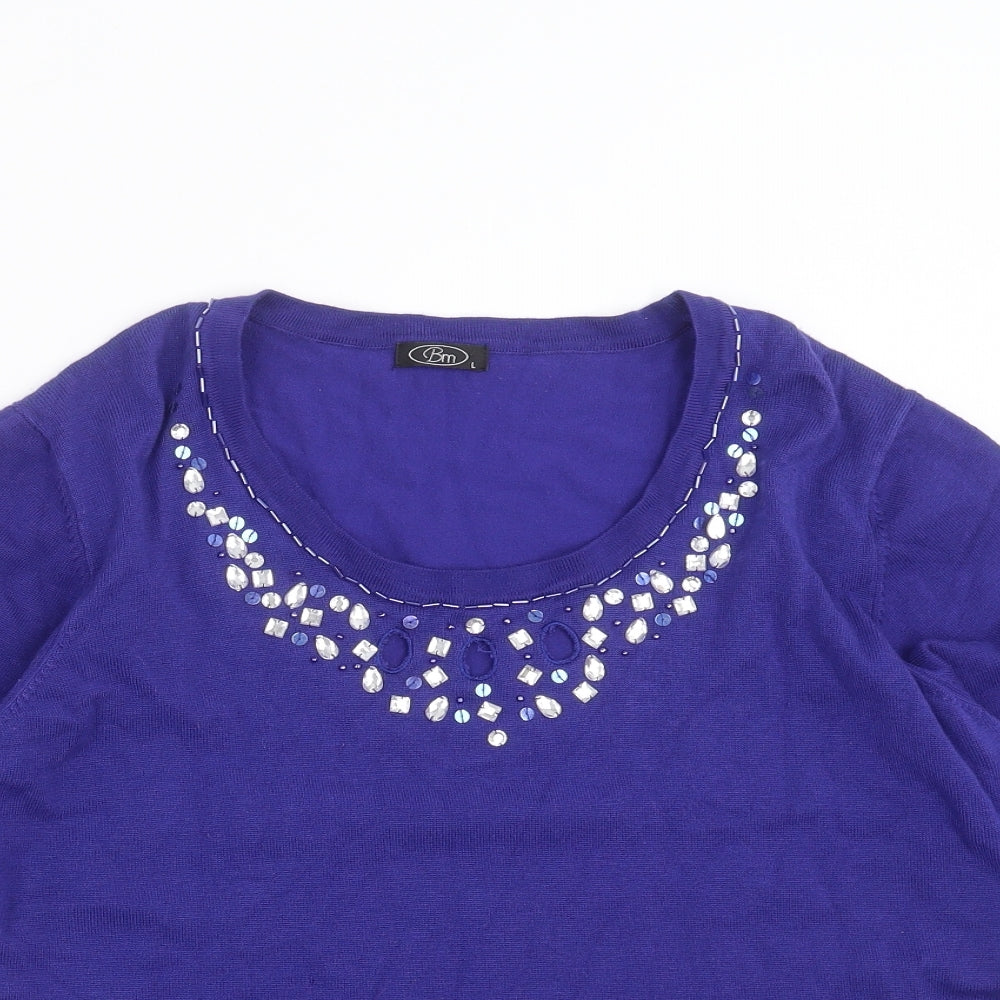BM Womens Blue  Knit Pullover Jumper Size L  - beaded