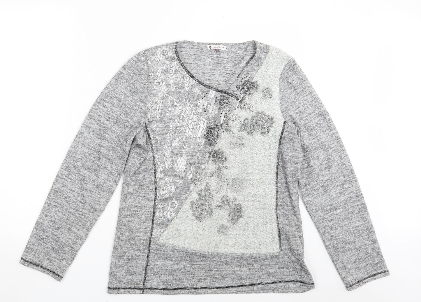 Kalisson Womens Grey Floral  Pullover Sweatshirt Size XL