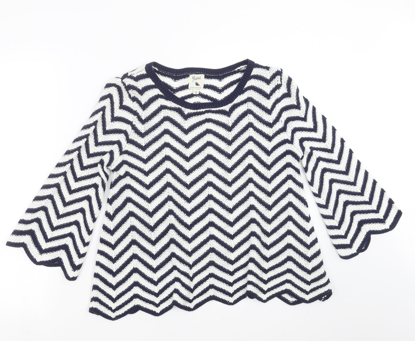 Yumi Womens Blue Geometric Knit Pullover Jumper Size S