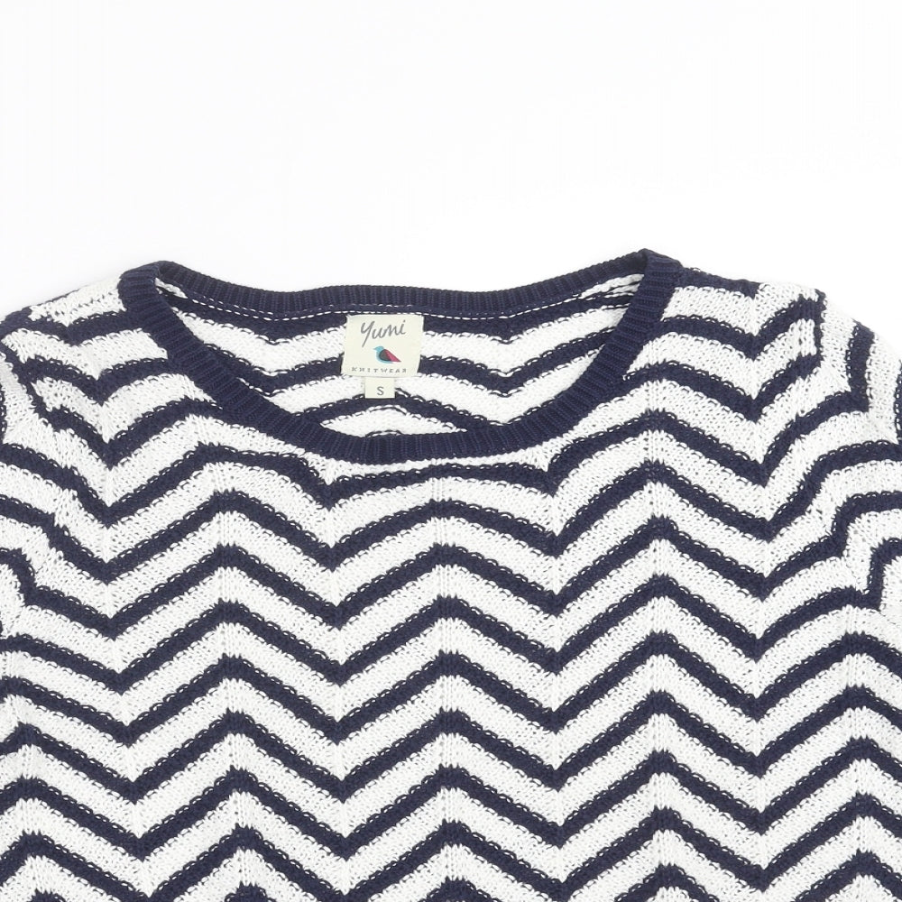 Yumi Womens Blue Geometric Knit Pullover Jumper Size S