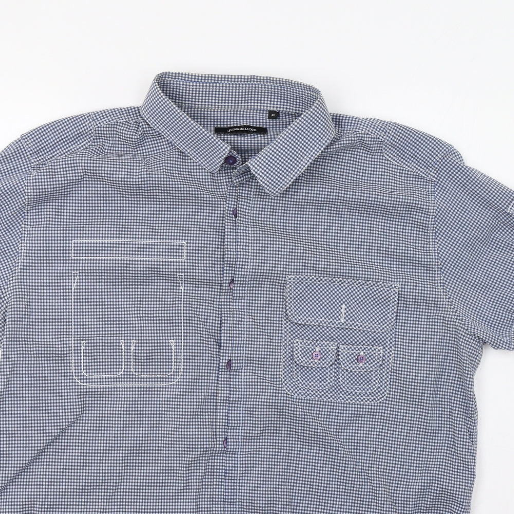 JUNK de LUXE Mens Blue Check   Button-Up Size XL