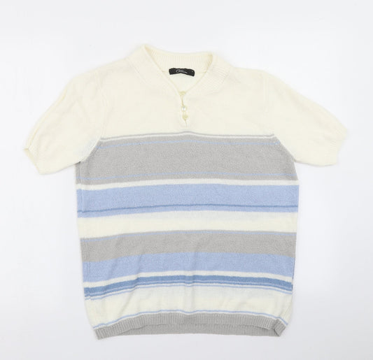 BM Collection Womens White Striped Knit Pullover Jumper Size S