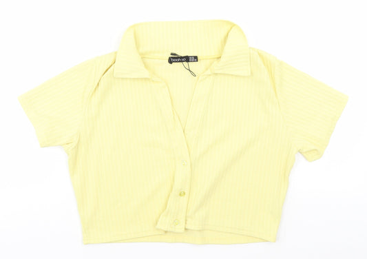 Boohoo Womens Yellow Striped  Basic Button-Up Size 16