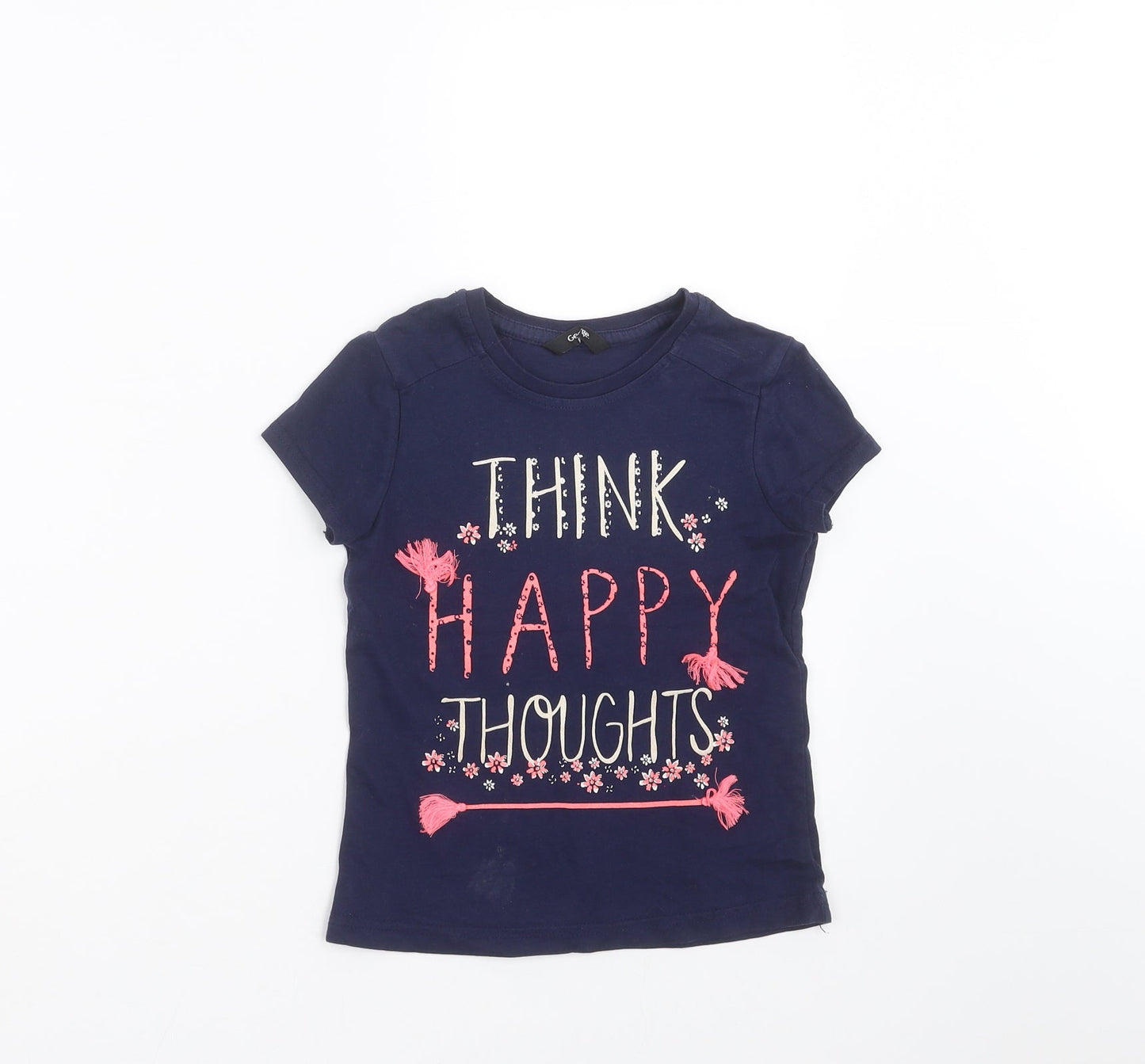 George Girls Blue   Basic T-Shirt Size 5-6 Years  - happy thoughts