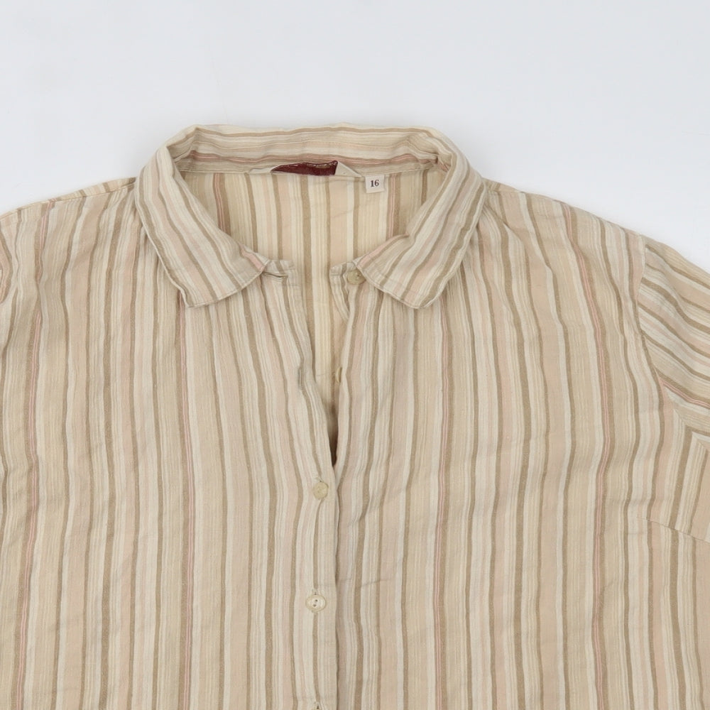 EWM Womens Beige Striped  Basic Button-Up Size 16