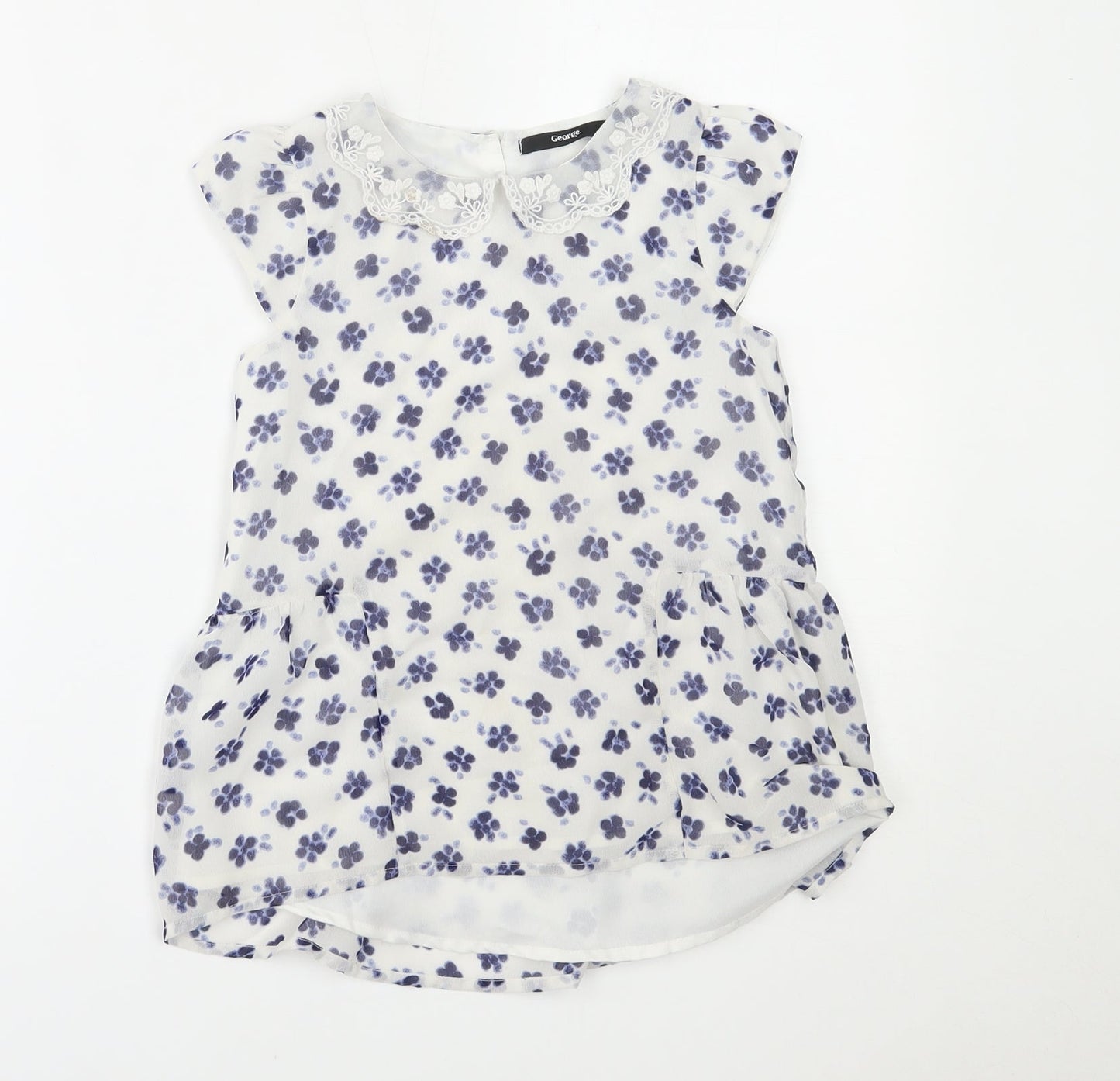 George Girls White Floral  Basic Blouse Size 8-9 Years