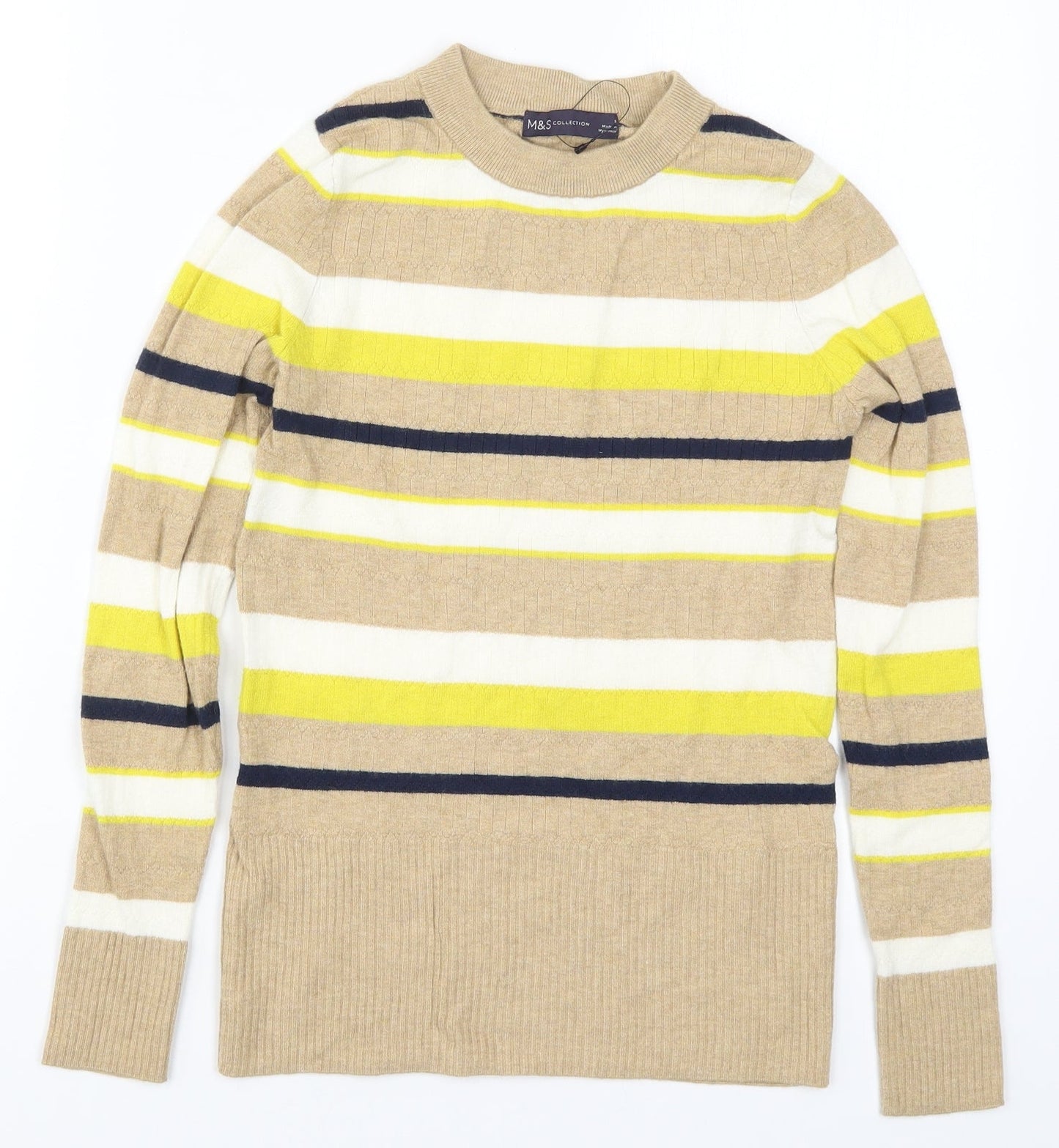 Marks and Spencer Womens Beige Striped Knit Pullover Jumper Size 8  - Yellow