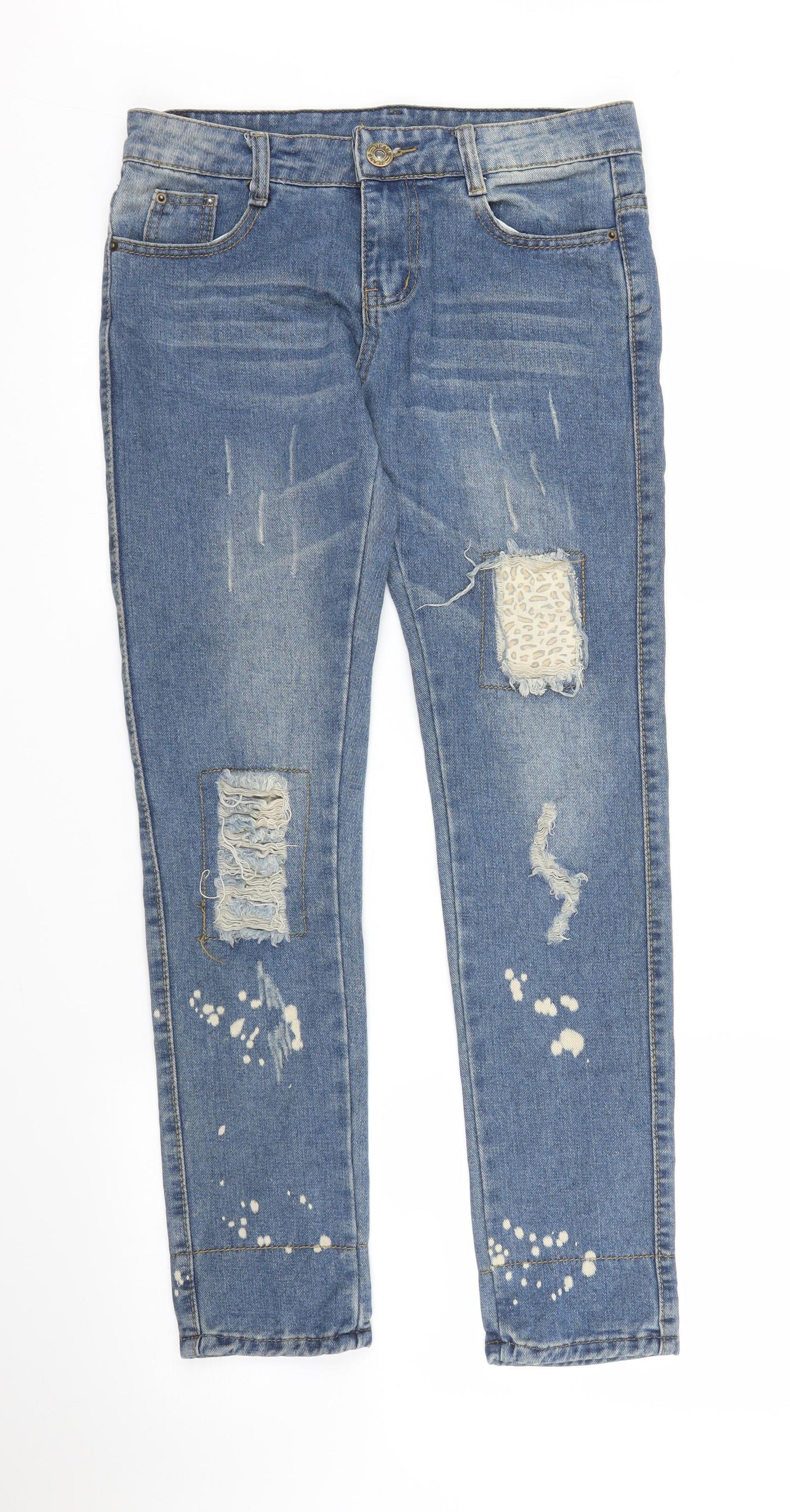 Preworn Womens Blue Animal Print Denim Skinny Jeans Size S L28 in - Leopard print