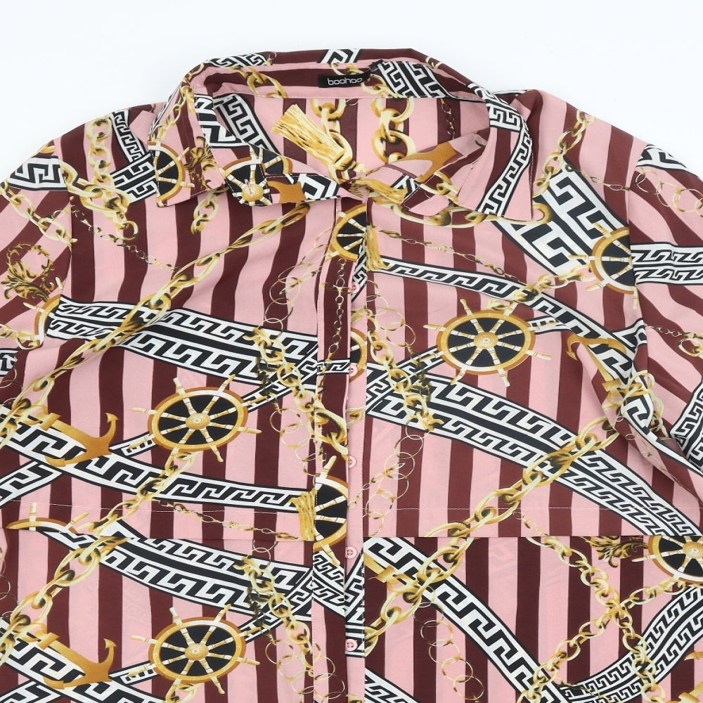 Boohoo Womens Pink Striped  Basic Button-Up