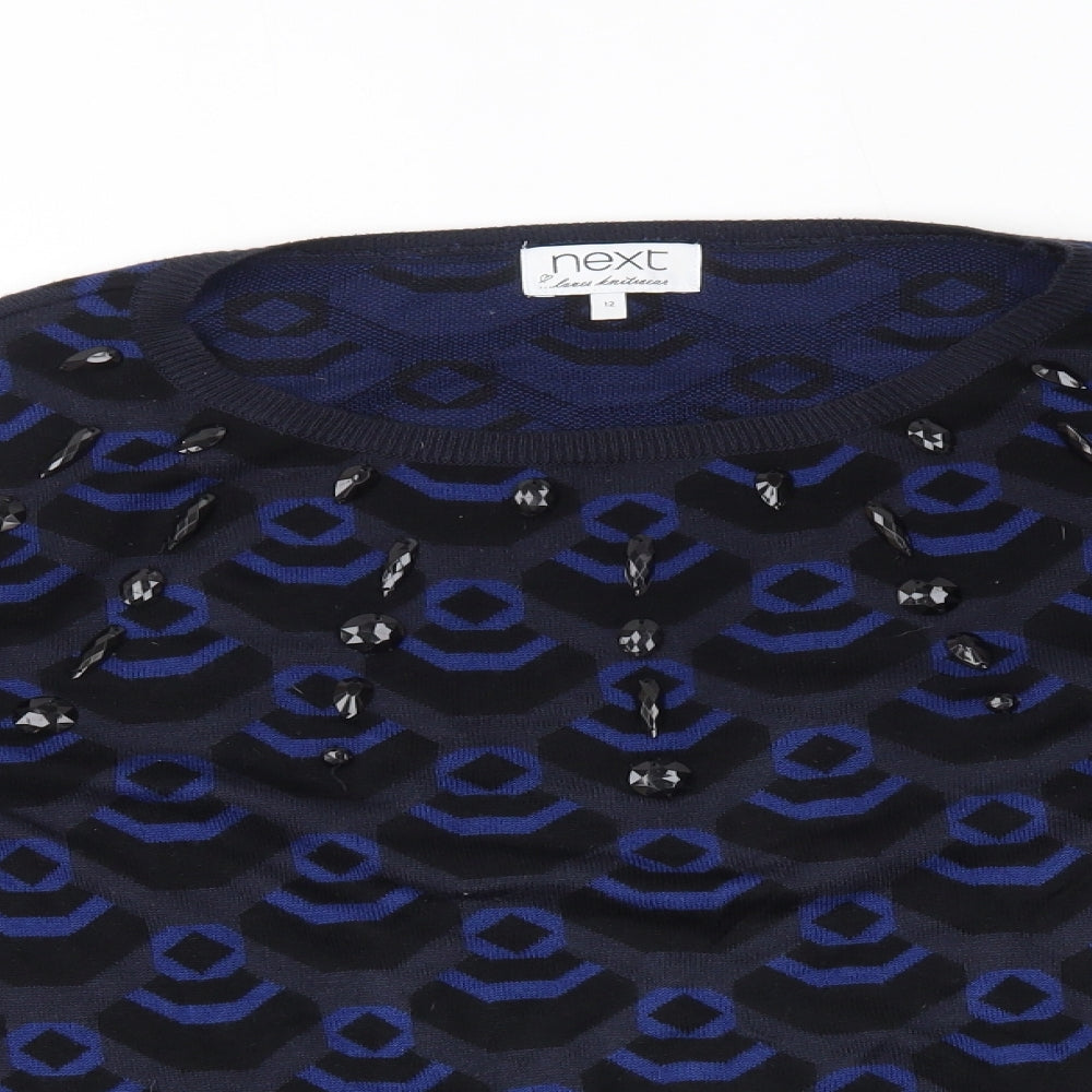 NEXT Womens Blue Geometric  Pullover Jumper Size 12  - gems