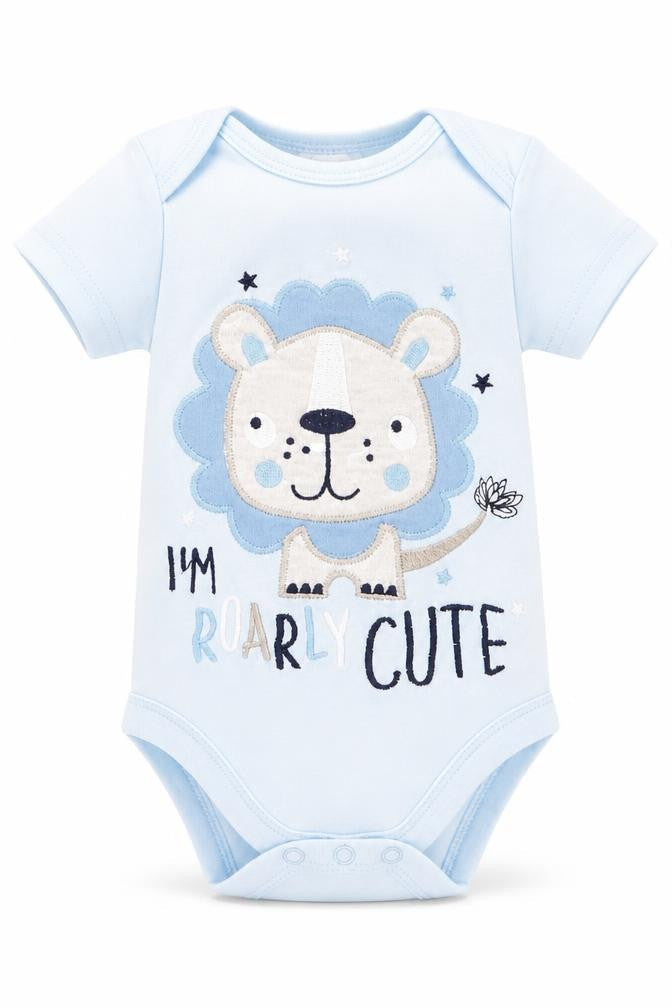 Moon & Stars Boys Blue Animal Print  Romper One-Piece Size 0-3 Months  - Lion I'm Roarly Cute