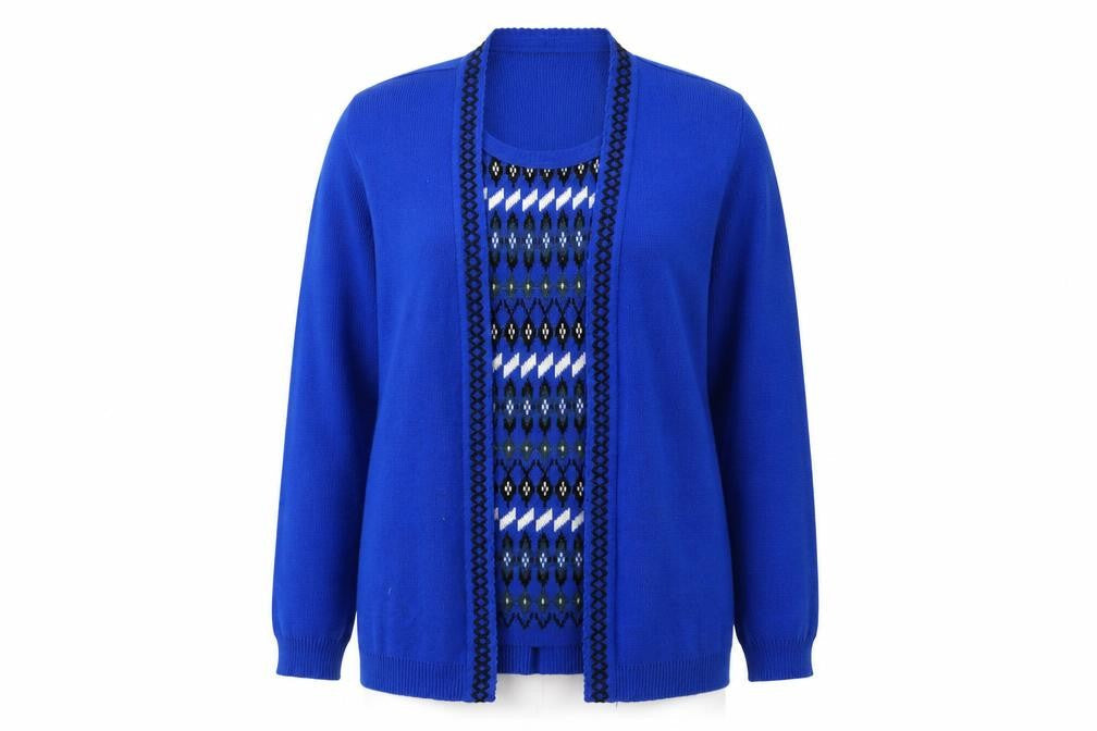 Envy Womens Blue Geometric  Pullover Jumper Size XL  - Faux Cardigan Front
